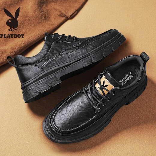 PLAYBOY Leather Shoes Men's 2025 Autumn Formal Business Casual Shoes Round Toe British Martin Boots Men's Work Shoes Black 42