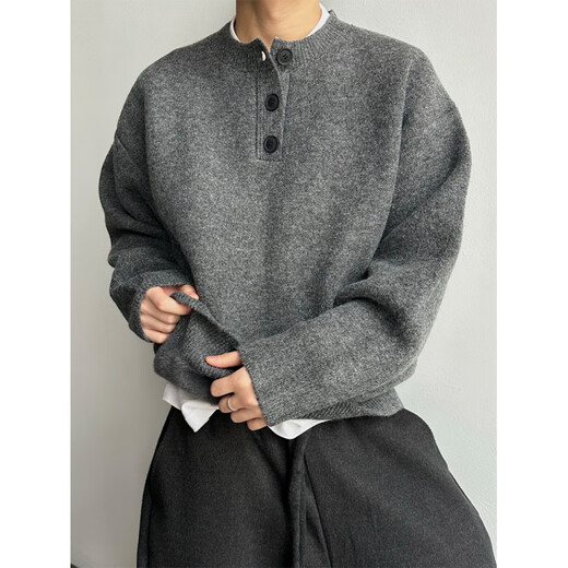 Du Xiaoxian light gray Henry collar sweater men's autumn and winter lazy style high-end sweater American retro loose jacket light gray No rival at the same price M Recommend 80-100Jin Jin equals 0.5 kg