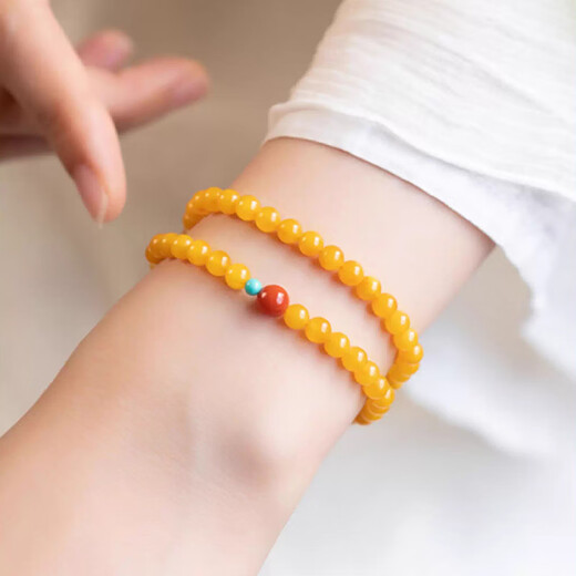 Fan Jialun beeswax bracelets for women, stacked southern red and turquoise bracelets, double-circle rosary beads, amber old honey chicken oil yellow gift, double-circle Shanyue