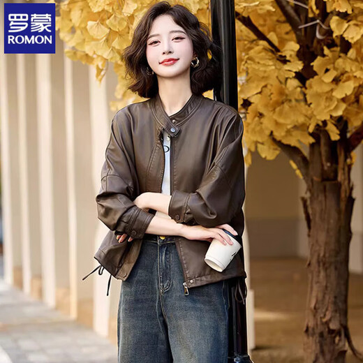 Romon Maillard Veste en cuir femme 2025 nouveau printemps et automne court ample décontracté rétro veste de moto en cuir PU haut marron S Recommandation 80-100Jin Jin est égal à 0,5 kg