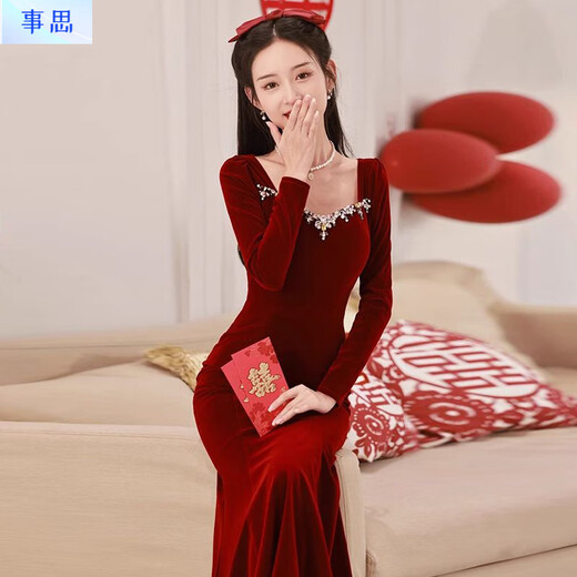 Sisi Velvet Fishtail Bridal Toast Wear High-End Light Luxurious Red Dress Feminine Slim Winter Long Sleeve Annual Party Burgundy S