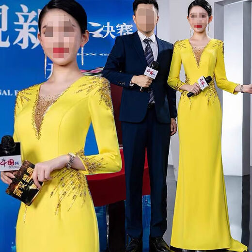 Banquet Evening Dress 2025 New High-end Light Luxury Niche Host Temperament Performance Clothes Long Version Women Yellow 3XL 3XL