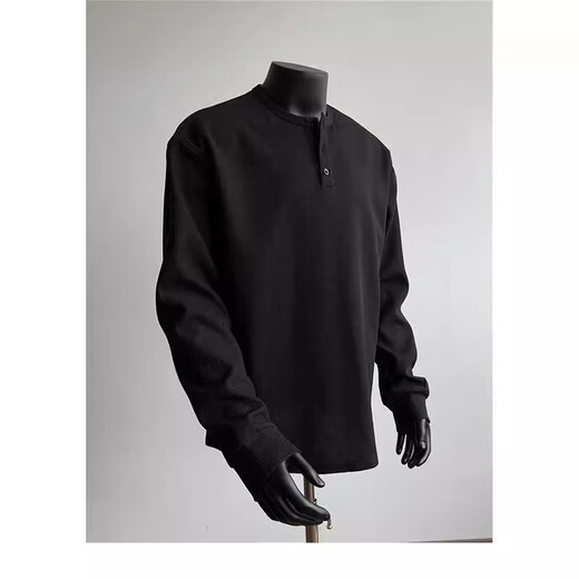 2024 Autumn Versatile Henley Collar Long Sleeve T-Shirt Men's Casual Sports Waffle Polo Shirt T-shirt Top Black M