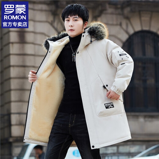 Luo Meng Cotton Clothes Men's Autumn and Winter Velvet Thickened Windbreaker Mid-Length Pagoda Casual Warm Jackets Winter Men's Clothes Off-White XL Recommended Weight (120-140Jin Jin is equal to 0.5 kg)