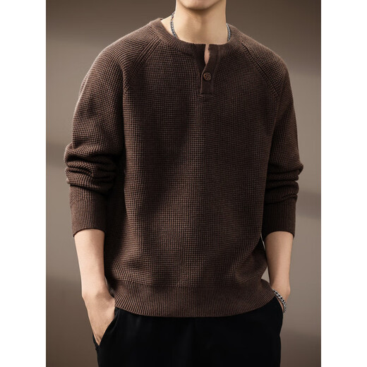 Henhut luxury high-end brand high-end Henley collar men's sweater autumn new trendy brand loose lazy style sweater for men brown S