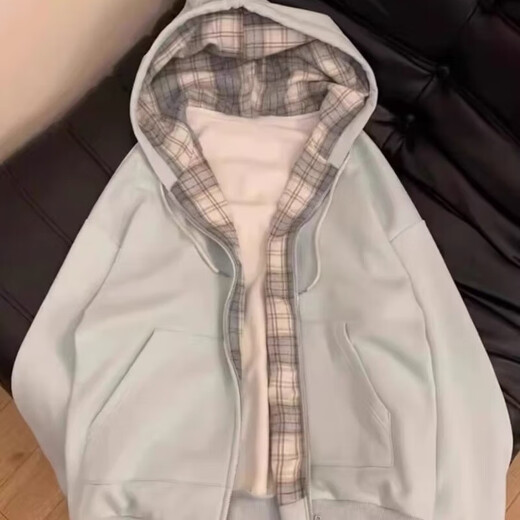 Fake two-piece hooded cardigan jacket for women autumn 2025 winter Korean style velvet loose large size student versatile sweatshirt for women light blue winter velvet (double layer fabric 400g) M recommended 95-110Jin Jin is equal to 0.5 kg