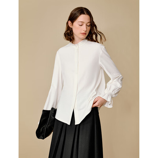 Inman sweet lace stand-up collar furry shirt 2026 winter women's new simple bell sleeve shirt off-white M