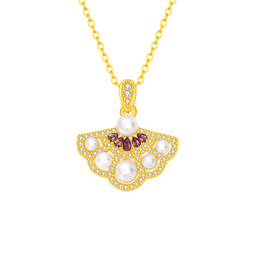 Mingzuan International 18K gold pearl small fan pendant female au750 inlaid pearl zircon necklace as a birthday gift for girlfriend