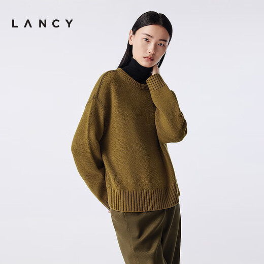 LANCY Wool Cashmere Winter New Retro Relaxed Round Neck Knitted Sweater Short Sweater Women Khaki Green M
