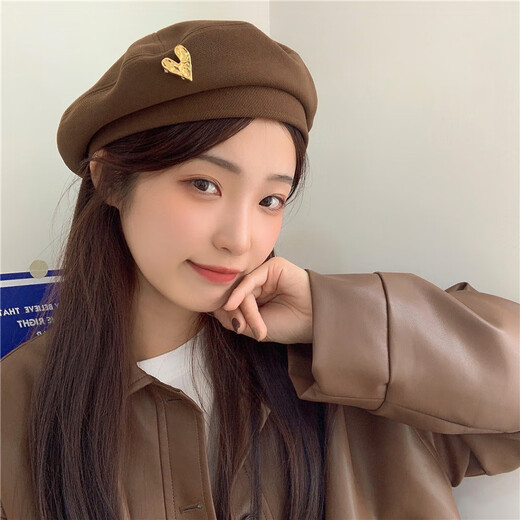 Beret Winter Korean Style Autumn and Winter Woolen Beret Women's Retro Versatile Fashion Love Metal Painter Hat Chestnut Brown M (56-58cm)