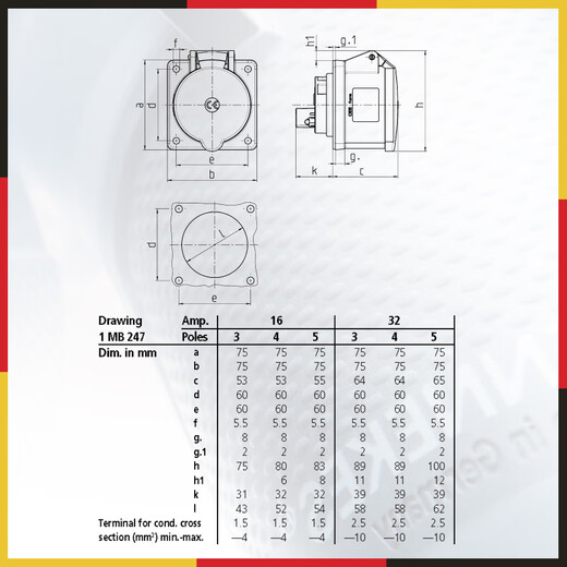 MENNEKES industrial socket 1366 3P 16A 230V IP44 concealed in-line connector plug three-phase electric high power aviation waterproof and dustproof 3-core 16A+3P+230V-1366