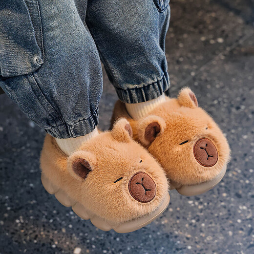 Kapibara winter children's bag heel cotton shoes keep warm at home. Furry EVA bottom non-slip cotton slippers for small and medium-sized children. Upgraded version of environmentally friendly material light brown color 12 34/35 shoe inner length 20.5 suitable for foot length 19.5