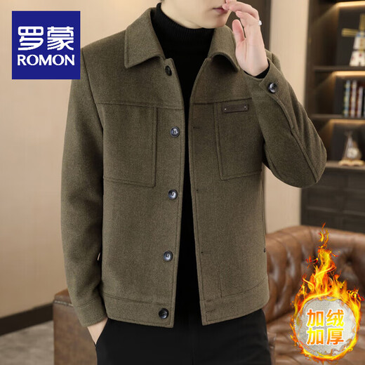 ROMON wool jacket men's short velvet thickened jacket autumn and winter men's new casual slim lapel woolen top Khaki XL 180/100A 130-150Jin Jin equals 0.5 kg