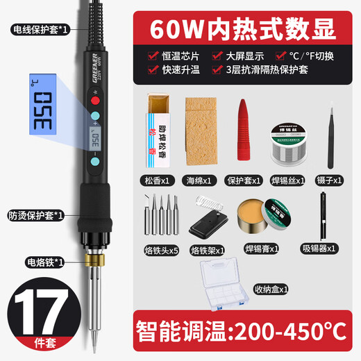 Green Forest Electric Soldering Iron Household 60W Internal Heating Intelligent Temperature Control Chromium Iron Luo Iron Tin Welding Artifact Electric Welding Pen Set 17 Pieces