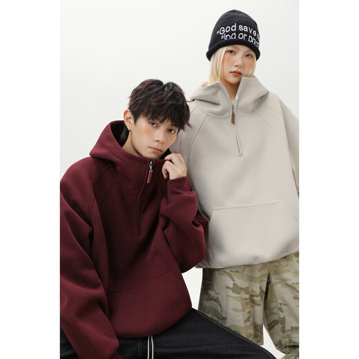 MONPOC heavy half zipper natal red sweatshirt men's spring and autumn American hoodie jacket MOW07 Ancora red L