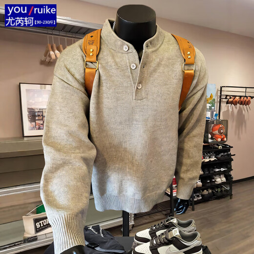 You Ruike Internet celebrity Douyin cleanfit old money style Henry collar sweater men's autumn and winter American retro pullover sweater base light gray fabric upgraded version XL suitable for 135-150Jin Jin equals 0.5 kg