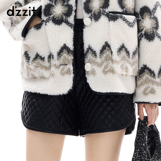 DZZIT shorts 2025 winter new modern diamond pattern thick eco-friendly leather pants for women 3J4Q1051A Black M