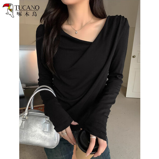 Woodpecker Swing Collar Long Sleeve T-Shirt Women's Autumn New Pure Desire Off-Shoulder Design Slim Bottoming Top Apricot L