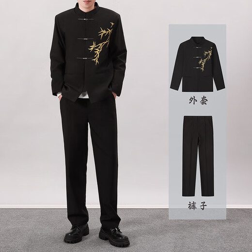 GOKU Men's New Chinese Style Engagement Dress Stand Collar Mao Suit Suit Chinese Style Embroidered Suit for Marriage Tang Suit Men Golden Bamboo Jacket + Pants L Recommended weight 110-130 Jin Jin equals 0.5 kg