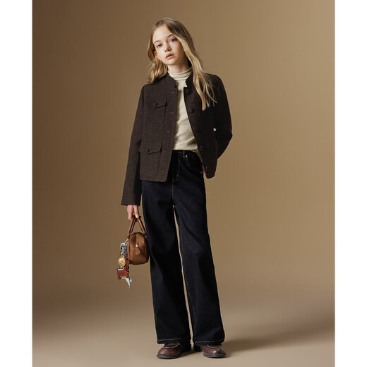 ELLE KIDS Wool Wool Jacket Retro Old Money Style Autumn and Winter Girls Classic Fashion Stand-up Collar Fitted Comfortable Top