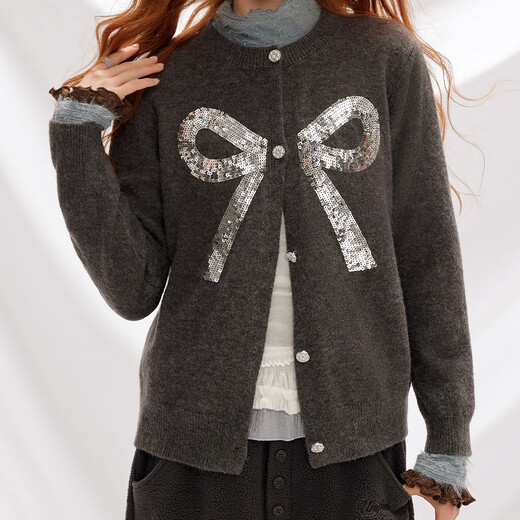 UNIFREE bow sequined knitted cardigan women's American retro autumn and winter loose lazy sweater jacket gray one size