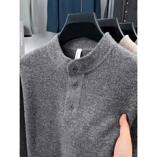 TOMMY JEANS2025 new Korean style small stand-up collar pullover sweater for men in autumn and winter casual solid color simple Henry collar knitted bottoming shirt medium gray M