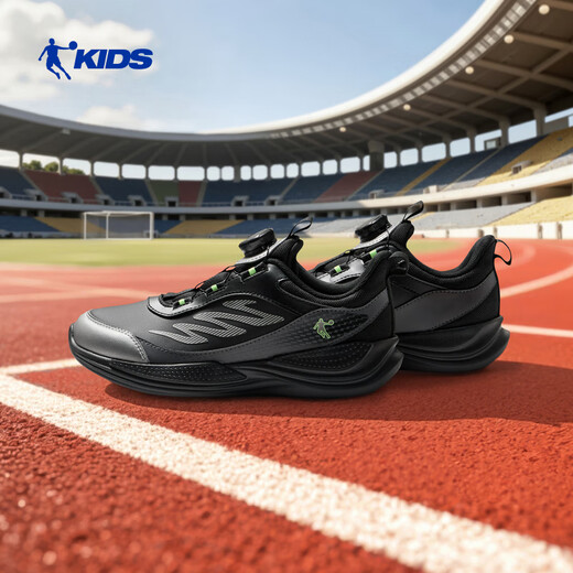 Jordan men's running shoes, children's winter leather sports shoes, knob buckle children's shoes, black/liquid silver 37