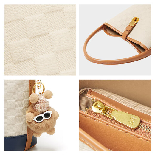 15MINS牛皮包包女包2025新款单肩斜挎包简约撞色水桶女士包包生日礼物