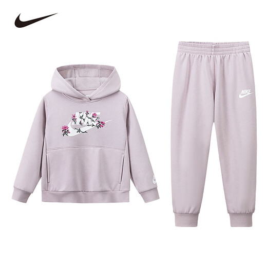 NIKE Girls' Hooded Fleece Sweatshirt + Pants 2-piece Set 2025 Winter Flower Print Children's Warm Suit