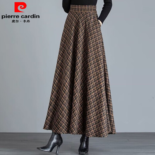 Pierre Cardin woolen skirt for women with pockets for autumn and winter 2025 new high-waisted ethnic skirt with large swing, high-waisted, mid-length floral skirt, gray and black plaid - with pockets, skirt length 85 cm XL recommended 125-140 Jin Jin equals 0.5 kg, skirt length 85 cm