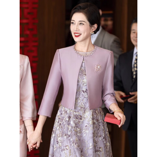 Fat Donglai's same style Chinese mother's wedding dress two-piece noble mother-in-law's wedding banquet dress cheongsam wedding dress small lilac suit 2XL