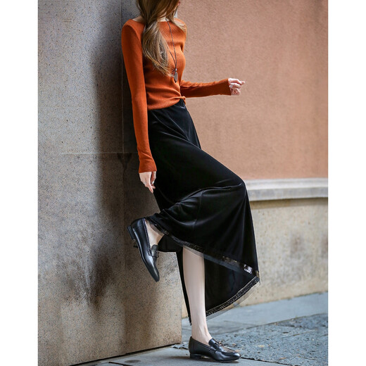 Demana Velvet Whisper Autumn Glossy Sequin Stitching Straight Tibetan Flesh Elastic Waist Small Women's Skirt