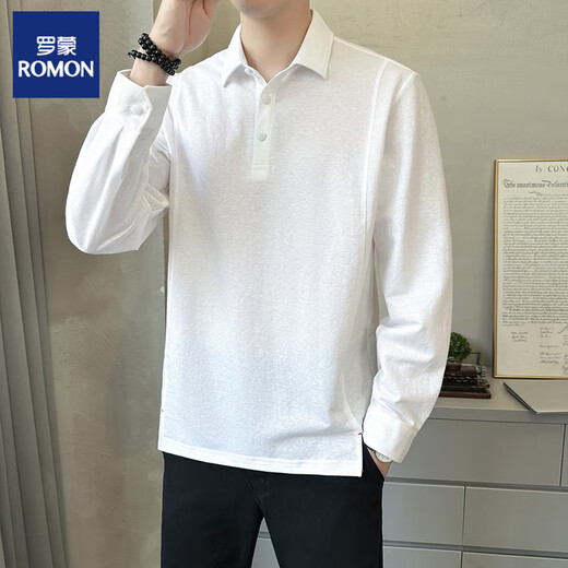 ROMON cotton linen long-sleeved T-shirt for men 2025 new autumn casual solid color linen POLO shirt spring and autumn lapel base shirt 9882 white M