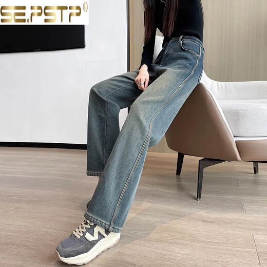 Xia Dian Sudian Queen (SE.PSTP) narrow version thickened velvet wide leg jeans for women 2025 autumn and winter new large size high waist loose slim straight length retro blue thickened velvet L recommendation 106-120