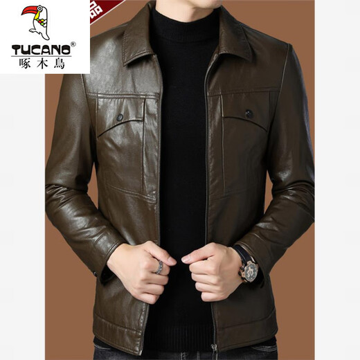 Woodpecker 2026 new PU leather jacket men's autumn and winter business casual motorcycle jacket leather jacket pickle green M 170