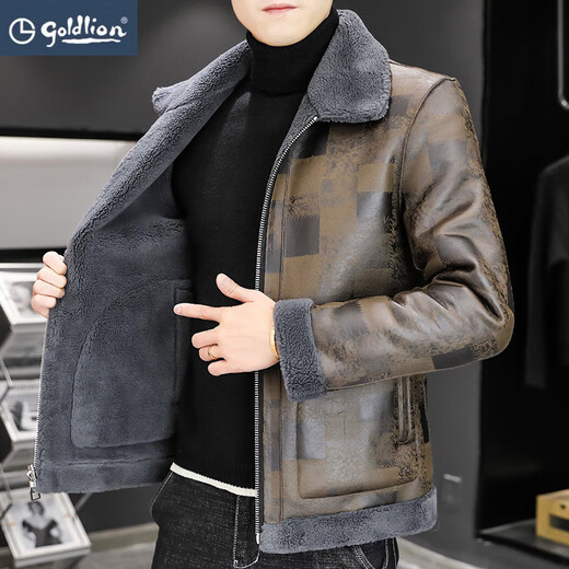 Goldlion leather jacket men's winter velvet thickened Korean style trendy lamb wool double-sided cotton coat and fur integrated winter jacket trendy gray M