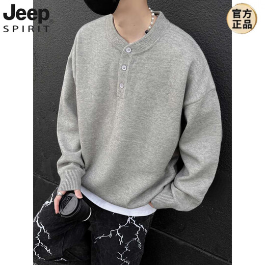 JEEP SPIRIT Gray American Henley Neck Sweater Men's Early Autumn Feeling Lazy Style Bottoming Sweater Cleanfit Inside Light Gray Henley Neck M (95-115Jin Jin is equal to 0.5kg)