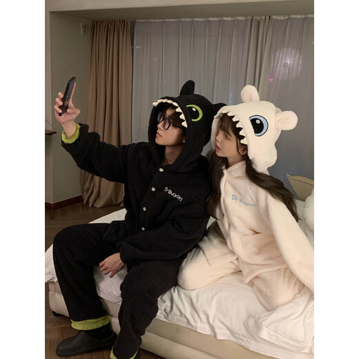 Couple pajamas winter plus velvet cartoon couple pajamas coral velvet winter one man and one woman thickened plus velvet hooded winter Toothless black and gray hooded top + pants single set 2XL male 155-180Jin Jin is equal to 0.5 kg