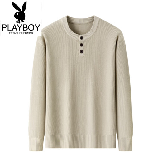 Playboy (PLAYBOY) Henry collar T-shirt men's long-sleeved autumn new jacquard inner layering shirt three-button round neck men's knitted sweater wool T black Q-19227 M 48