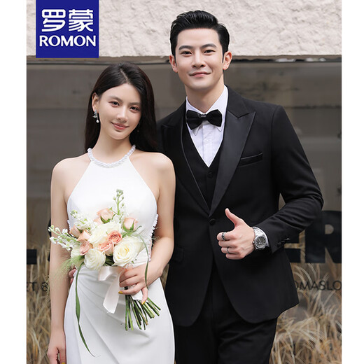 ROMON Groom Wedding Wool Suit Men's Korean Slim Business Formal Tuxedo Banquet Evening Suit Black Suit Jacket+Pants+Vest+White Shirt Free Tie 2XL Recommended 135-150Jin Jin is equal to 0.5 kg