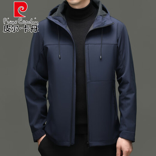 Pierre Cardin Jacket Men's Hooded Velvet Thickened Soft Shell 2025 New Middle-aged Dad Autumn and Winter Men's Jacket Jacket Navy XL