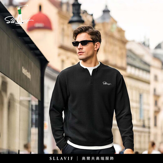 SLLAVIF Henry collar fake two-piece long-sleeved T-shirt men's loose spring waffle casual bottoming shirt black M suitable for 100-125Jin Jin equals 0.5 kg