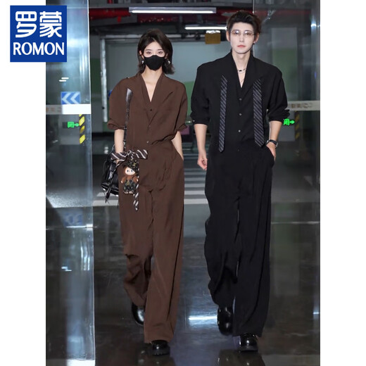 ROMON Maillard old money style male model high-end suit Korean design fake two-piece suit collar shirt drape trousers black suit 2XL