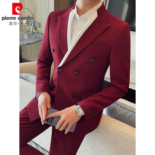 Pierre Cardin double-breasted color-blocked suit for men, high-end, slim, business casual, versatile groom's wedding suit, two-piece suit, white suit + trousers 3XL (155-165Jin Jin equals 0.5kg)