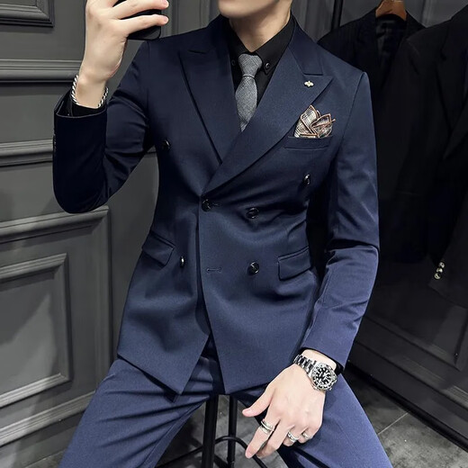 FZPT light luxury trendy brand suit men's 2025 autumn and winter new high-end business fashion casual double-breasted dress suit gray single suit + trousers 2XL recommended 135-150Jin Jin equals 0.5 kg