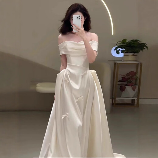 Grosfairy French satin other shoulder light wedding dress bride 2025 new style welcome door veil simple engagement dress white L