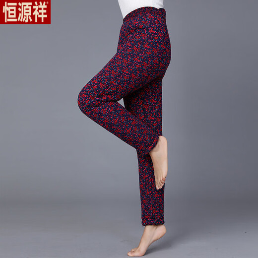 Hengyuanxiang middle-aged and elderly women's trousers, winter clothing, elderly grandma's warm cotton trousers, high-waisted velvet thickened mother's flower pants for outer wear in winter, new colors four, three-layer velvet thickened cotton trousers 4XL recommended 140-160Jin Jin equals 0.5 kg