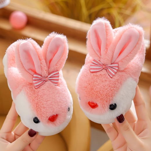 Pdmcms girls cotton slippers autumn and winter cute three-dimensional rabbit plush home shoes children's thickened warm anti-slip slippers for girls girls cute warm cotton slippers pink rabbit size 30-31 inner length about 19cm/suitable for 5-7 years old