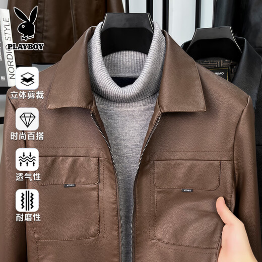 Playboy Men's PU Leather Jacket Autumn New Lapel Versatile Leather Jacket Retro Trendy Brand Jacket Top Men's Black XL 140-160Jin Jin is equal to 0.5 kg