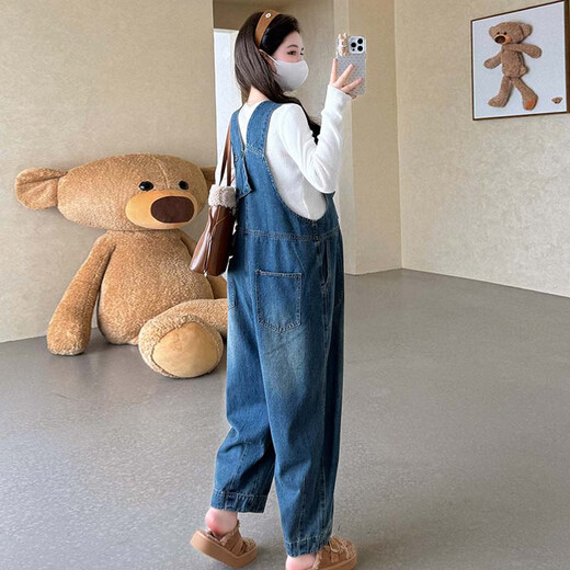 Ailanting's new autumn and winter pure cotton denim overalls for pregnant women, loose wide-leg overalls, slimming knitted V-neck tops, 2 sets, blue single-piece overalls L recommended 115-130 Jin Jin equals 0.5 kg